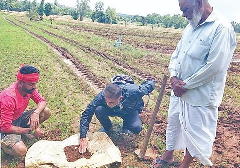 ಹಾನಗಲ್ಲ ತಾಲೂಕಿನ ರೈತರ ಹೊಲದಲ್ಲಿ ಮಣ್ಣು (soil test) ಮಾದರಿ ತೆಗೆಯುತ್ತಿರುವ ಕೃಷಿ ಇಲಾಖೆ ಸಿಬ್ಬಂದಿ.