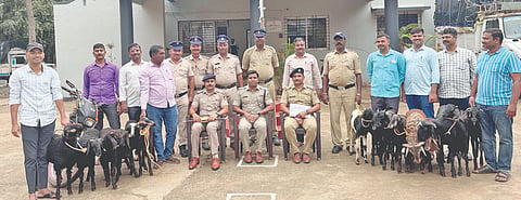 ಕಳ್ಳರಿಂದ (Thieves Arrest) ವಶಪಡಿಸಿಕೊಂಡ ಬೈಕ್, ಟಗರು ಹಾಗೂ ಆಡುಗಳೊಂದಿಗೆ ಗುತ್ತಲದ ಪೊಲೀಸರು.