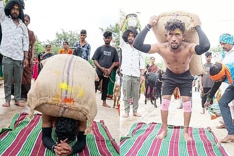 ಹುಲಿಗಿಯ ಶ್ರೀ ಹುಲಿಗೆಮ್ಮ ದೇವಿಗೆ ಕುಷ್ಟಗಿ ತಾಲೂಕಿನ ಕುಂಬಳವತಿಯ ಕಳಿಕೇಶ 118 ಕೆಜಿ ತೂಕದ ಜೋಳದ ಮೂಟೆ ಹೊತ್ತು 1 ಕಿ.ಮೀ ದೀರ್ಘದಂಡ ನಮಸ್ಕಾರ ಹಾಕುವ ಮೂಲಕ ಹರಕೆ ಸಲ್ಲಿಸಿದರು.