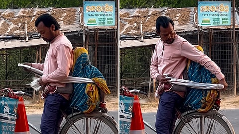 ವೃದ್ಧ ತಾಯಿಯನ್ನು ಬೆನ್ನಿಗೆ ಕಟ್ಟಿಕೊಂಡು ಹೋಗುವ ದೃಶ್ಯ