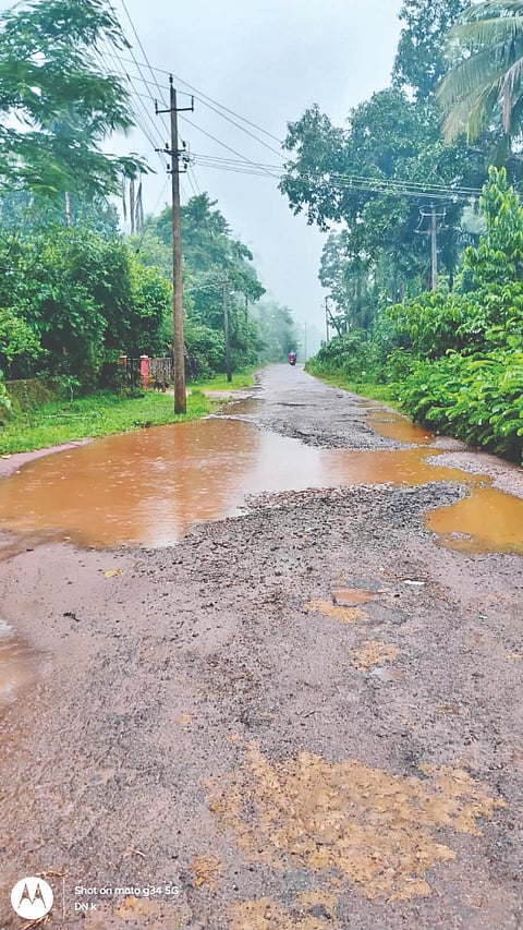 ಕಾಶೀಪಟ್ಣ ಸಂಪರ್ಕ ರಸ್ತೆಯಲ್ಲಿ ಬೃಹದಾಕಾರದ ಹೊಂಡಗಳು ಬಿದ್ದು, ಮಳೆ ನೀರು ತುಂಬಿಕೊಂಡಿರುವುದು.