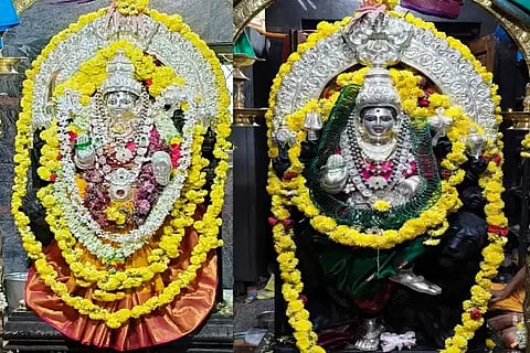 ಚಾಮುಂಡೇಶ್ವರಿ ದೇವಿಯ ಮುಂಭಾಗದ ಚಿತ್ರ (ಬಲಚಿತ್ರ). ದೇವಿಯ ಹಿಂಭಾಗದ ನೋಟ.