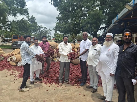 ಬ್ಯಾಡಗಿಯ ಮೆಣಸಿನಕಾಯಿ chili ಮಾರುಕಟ್ಟೆಗೆ ಬಂದ ಹೊಸ ಮೆಣಸಿನಕಾಯಿ ತೋರಿಸುತ್ತಿರುವ ರೈತ.