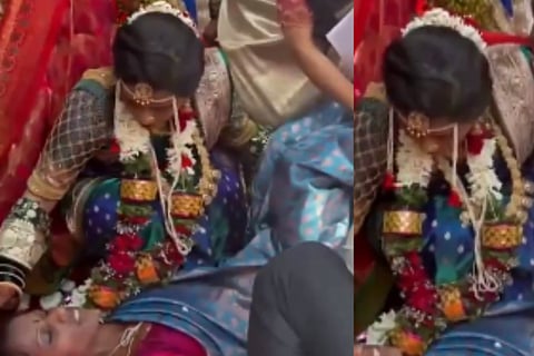 ಮಹಿಳೆಗೆ ಪ್ರಥಮ ಚಿಕಿತ್ಸೆ ನೀಡುತ್ತಿರುವ ವಧು