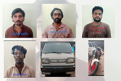  ಅಬ್ದುಲ್ ಸಾಯಿಲ್ ಜೆ, ಮೊಹಮ್ಮದ್ ಆಶಿಕ್,  ಮೊಹಮ್ಮದ್ ಸಿರಾಜ್, ಶಕ್ತಿವೇಲು, ಓಮ್ನಿ ಕಾರು, ಕೆಟಿಎಂ ಬೈಕ್