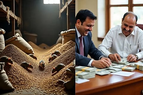 ಭತ್ತವನ್ನು ತಿನ್ನುತ್ತಿರುವ ಇಲಿಗಳು, ಹಣವನ್ನು ಎಣಿಸುತ್ತಿರುವ ಅಧಿಕಾರಿಗಳು