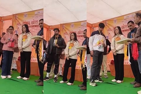 ಮಕ್ಕಳಿಗೆ ಪದಕ ವಿತರಿಸುತ್ತಿರುವ ಹೇಮಾ ಮಾಲಿನಿ