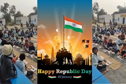 ಹರಿದ ಪುಸ್ತಕದ ಹಾಳೆಗಳ ಮೇಲೆ ಊಟ ಮಾಡುತ್ತಿರುವ ಶಾಲಾ ಮಕ್ಕಳು