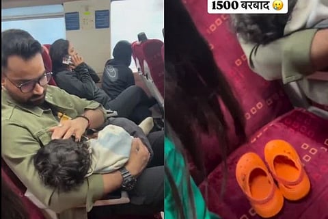 ಪೋಷಕರ ಮಡಿಲಲ್ಲಿ ಮಗು, ಮಗು ಸೀಟಲ್ಲಿ ಚಪ್ಪಲಿ