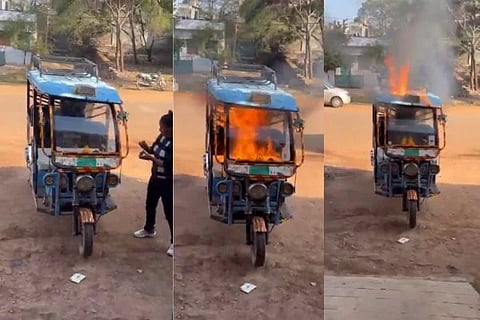 ಇ-ರಿಕ್ಷಾಗೆ ಬೆಂಕಿ ಹಚ್ಚುತ್ತಿರುವ ಮಹಿಳೆ, ಉರಿಯುತ್ತಿರುವ ಇ-ರಿಕ್ಷಾ