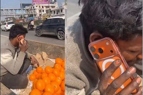ಐಫೋನ್​ ಹಿಡಿದು ಕಿತ್ತಳೆ ಮಾರುತ್ತಿರುವ ವ್ಯಕ್ತಿ