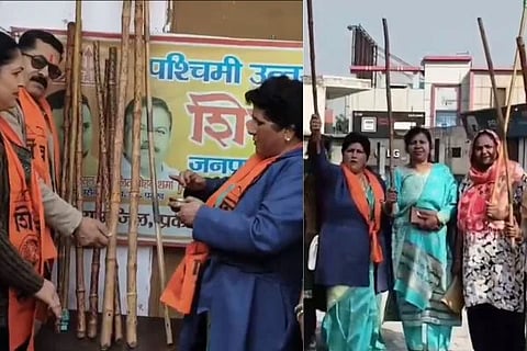 ಪ್ರೇಮಿಗಳ ದಿನ ವಿರೋಧಿಸಿ ಲಾಠಿ ಪೂಜೆ ಮಾಡುತ್ತಿರುವ ಕ್ರಾಂತಿ ಸೇನೆ ಮಹಿಳೆಯರು