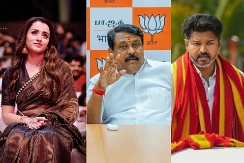 ತಮಿಳುನಾಡು ಬಿಜೆಪಿ ಮುಖ್ಯಸ್ಥ ನೈನಾರ್ ನಾಗೇಂದ್ರನ್, ನಟಿ ತ್ರಿಷಾ ಕೃಷ್ಣನ್​, ತಳಪತಿ ವಿಜಯ್​