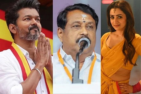ತಮಿಳು ನಟ ಮತ್ತು ಟಿವಿಕೆ ಪಕ್ಷದ ನಾಯಕ ತಳಪತಿ ವಿಜಯ್, ನಟಿ ತ್ರಿಷಾ ಕೃಷ್ಣನ್ , ತಮಿಳುನಾಡು ಬಿಜೆಪಿ ​​ಮುಖ್ಯಸ್ಥ ನೈನಾರ್ ನಾಗೇಂದ್ರನ್
