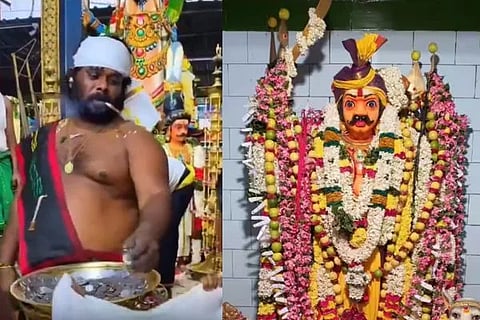 ಬಾಯಲ್ಲಿ ಬಿಡಿ ಹಚ್ಚಿ, ಕಾಸನ್ನು ಹಂಚುತ್ತಿರುವ ದೃಶ್ಯ