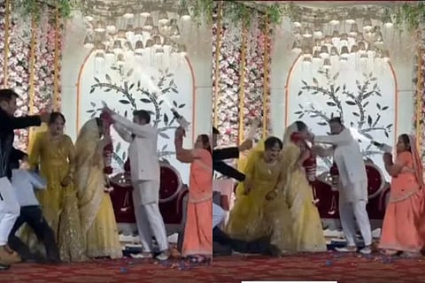 ಮಂಟಪದ ಮೇಲೆ ಬೆಂಕಿ ಮಳೆ ಸುರಿಸುತ್ತಿರುವ ಅಜ್ಜಿ