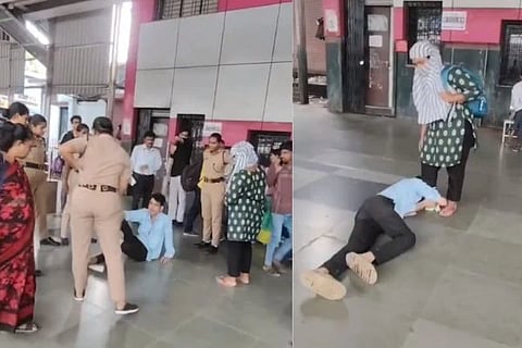 ರೈಲ್ವೆ ನಿಲ್ದಾಣದಲ್ಲಿ ಗರ್ಲ್‌ಫ್ರೆಂಡ್ ಕೋಪ ಸಮಾಧಾನ ಮಾಡಲು ಹುಡುಗನೊಬ್ಬ ಅವಳ ಪಾದಗಳಿಗೆ ಬಿದ್ದಿದ್ದಾನೆ