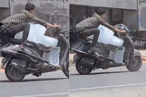 ಐಸ್​ಬ್ಲಾಕ್​ ಇಟ್ಟು ಸ್ಕೂಟರ್​ ಚಲಾಯಿಸಿದ ಹುಡುಗ