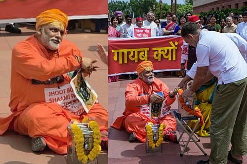 ಕೈಯಲ್ಲಿ ಕಾಣಿಕೆ ಡಬ್ಬಿ ಹಿಡಿದು, ಕಾವಿ ಧರಿಸಿ ಸಂಸತ್ ಭವನದ ಮುಂದೆ ಸಂಸದ ಪಪ್ಪು ಯಾದವ್ ಪ್ರತಿಭಟನೆ