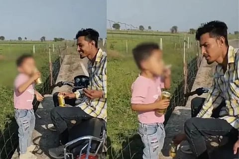 ಬಾಲಕನಿಗೆ ಬಿಯರ್​ ಮತ್ತು ಸಿಗರೇಟ್​ ಸೇದಿಸುತ್ತಿರುವ ವ್ಯಕ್ತಿ