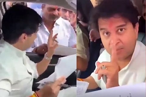 ರಸ್ತೆ ನಿರ್ಮಾಣದ ಕುರಿತು ಮತದಾರರೊಬ್ಬರೊಂದಿಗಿನ ತೀವ್ರ ಚರ್ಚೆಯ ವೇಳೆ ಕೇಂದ್ರ ಸಚಿವ ಜ್ಯೋತಿರಾದಿತ್ಯ ಸಿಂಧಿಯಾ ಅವರು ಸಿಟ್ಟಿನಿಂದ ಪ್ರತಿಕ್ರಿಯಿಸುತ್ತಿರುವುದು.