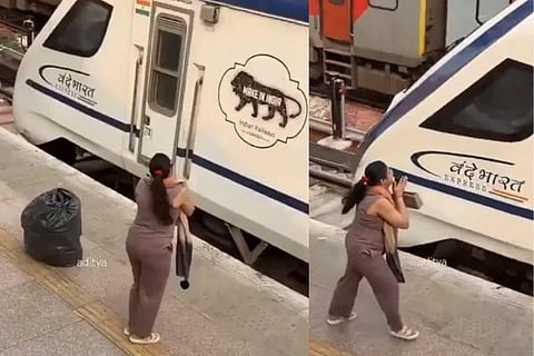ರೈಲು ನಿಲ್ಲಿಸುವಂತೆ ಲೋಕೊ ಪೈಲೆಟ್​ಗೆ ಕೈಮುಗಿದ ಮಹಿಳೆ