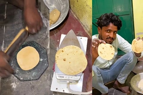 ಇಸ್ತ್ರಿ ಪೆಟ್ಟಿಗೆ ಮೇಲೆ ರೊಟ್ಟಿ ಮಾಡುತ್ತಿರುವ ವ್ಯಕ್ತಿ