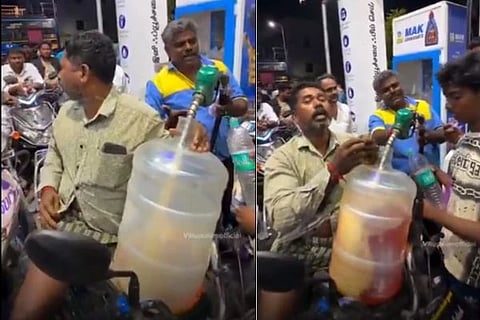ಪೆಟ್ರೋಲ್​ ಬಂಕ್​ಗೆ ನೀರಿನ ಕ್ಯಾನ್​ ಹಿಡಿದು ಬರುತ್ತಿರುವ ಜನ