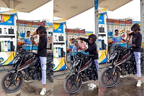 ಪೆಟ್ರೋಲ್​ ಬಂಕ್​ನಲ್ಲಿ ಬೈಕ್​ಗೆ ಪೆಟ್ರೋಲ್​ ಸ್ನಾನ ಮಾಡಿಸಿದ ಯುವಕ