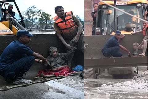 ಜೆಸಿಬಿ ಬಕೆಟ್​ನಲ್ಲಿ ಕುಳಿತು ಆಸ್ಪತ್ರೆಗೆ ಸಾಗುತ್ತಿರುವ 97 ರ ವೃದ್ಧೆ