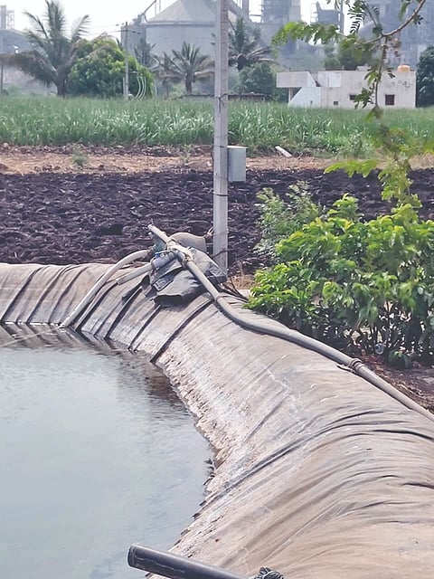  ಬೆಳೆ ಹಾಗೂ ಕೃಷಿ ಹೊಂಡದ ಮೇಲೆ ಬಿದ್ದ ಕಲುಷಿತ ಧೂಳು.