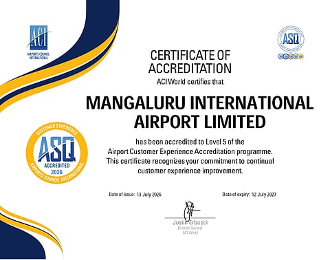 ಮಂಗಳೂರು ಅಂ.ರಾ. ವಿಮಾನ ನಿಲ್ದಾಣಕ್ಕೆ ಲಭಿಸಿದ ಎಸಿಐ ಲೆವೆಲ್-5 ಮಾನ್ಯತೆ ಪ್ರಮಾಣಪತ್ರ.