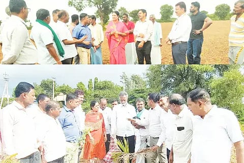 1. ಕಾಟನಾಯಕನ ಹೊಸಳ್ಳಿ ಗ್ರಾಮದ ಜಮೀನುಗಳಲ್ಲಿ ಮೊಳಕೆಯೊಡೆಯದೆ ಹಾಳಾಗಿರುವ ಮೆಕ್ಕೆಜೋಳ ಬೆಳೆಯನ್ನು ಸಂಸದೆ ಡಾ. ಪ್ರಭಾ ಮಲ್ಲಿಕಾರ್ಜುನ್ ಹಾಗೂ ಅಧಿಕಾರಿಗಳು ಪರಿಶೀಲಿಸಿದರು.2. ರುದ್ರನಕಟ್ಟೆ ಗ್ರಾಮದಲ್ಲಿ ಒಣಗುತ್ತಿರುವ ಅಡಿಕೆ ಗಿಡಗಳನ್ನು ವೀಕ್ಷಿಸಿದ ಸಚಿವ ಕೆ.ಎಸ್. ಬಸವಂತಪ್ಪ,  ಅಧಿಕಾರಿಗಳು.Integrated cropping