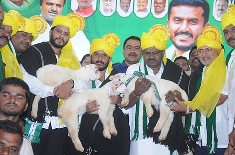 ಚಾಮುಂಡೇಶ್ವರಿ ವಿಧಾನಸಭಾ ಕ್ಷೇತ್ರದ ಬೋಗಾದಿ ವರ್ತುಲ ರಸ್ತೆಯ ಬಳಿಯಲ್ಲಿ ಭಾನುವಾರ ಆಯೋಜಿಸಿದ್ದ ಜನರೊಂದಿಗೆ ಜನತಾದಳ ಕಾರ್ಯಕ್ರಮದಲ್ಲಿ ಕೇಂದ್ರ ಸಚಿವ ಎಚ್.ಡಿ.ಕುಮಾರಸ್ವಾಮಿ ಅವರಿಗೆ ಕುರುಬ ಸಮುದಾಯದವರು ಕುರಿಗಳನ್ನು ಉಡುಗೊರೆಯಾಗಿ ನೀಡಿದರು. 