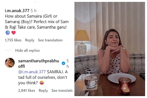Fan Suggests Baby name Samantha Ruth Prabhu Reacts