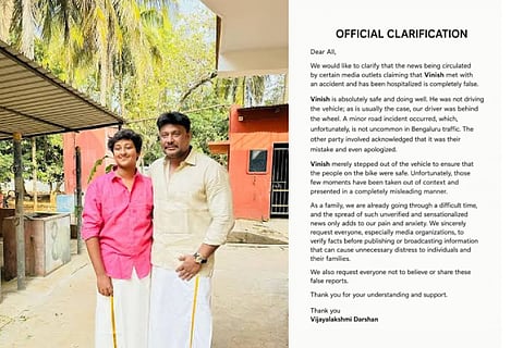 Vineesh Darshan car accident Vijayalakshmi Darshan official clarification