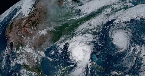 Pictured: Satellite image from 2023 by NOAA's GOES-16 satellite, showing Hurricane Idalia approaching the western coast of Florida and Hurricane Franklin  in the Atlantic Ocean.
