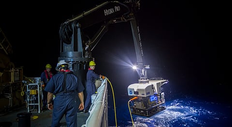 Remotely operated vehicle Deep Discoverer being brought aboard NOAA Ship Okeanos Explorer during a 2016 mission in the Pacific Ocean.