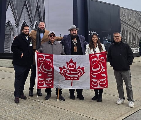 Representatives of the Coalition of First Nations for Finfish Stewardship and David Kiemele, Managing Director of Cermaq Canada, in Canada's Parliament Hill, in Ottawa. 