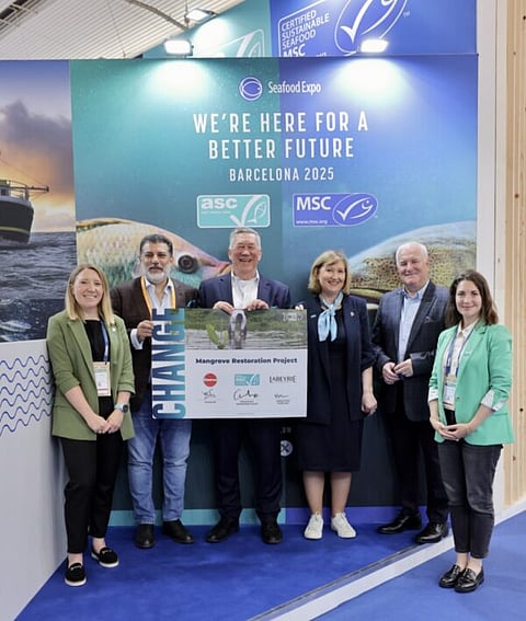 Representatives from ASC, Lebeyrie Fine Foods and Omarsa, pictured at the Global Seafood Expo in Barcelona, May 2025.