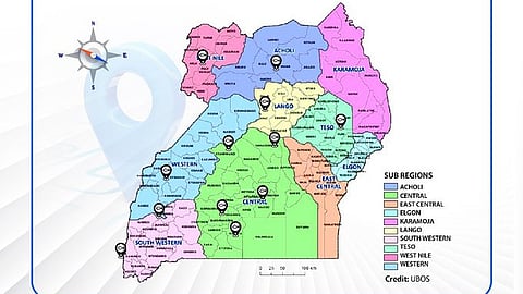Map showing data collection coordination by the Uganda Aquaculture Census 2025.