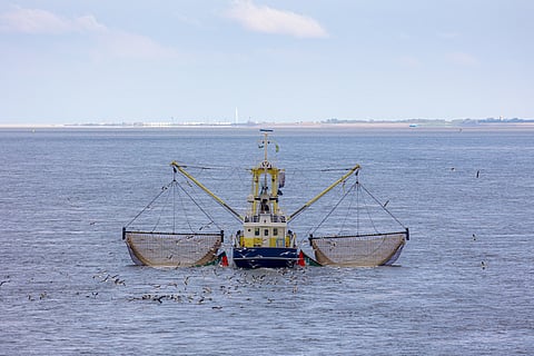 Fishery concept, Fishing boat sailing in the sea with net or trawl on the side to catch the fish.