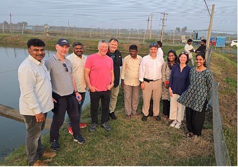 Members of the ASC and SFP teams with partners from Seafood Solutions and Dakshin Foundation visit a shrimp farm in Andhra Pradesh.