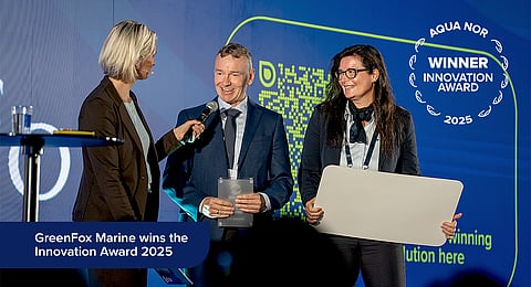 CEO Erling Aspen and Sales and Marketing Manager Kjersti Jullum receive the 2025 Innovation Award at Aqua Nor.