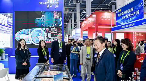 From the Norwegian shrimp pavilion at a seafood fair in Dalian. 
