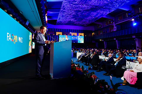 FAO Director-General QU Dongyu delivers his address during the World Food Forum Grand Opening at FAO headquarters in Rome.