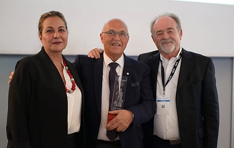 FEAP president Lara Barazi Geroulanou, with 2024 award-winner Paul Birger Torgnes (center) and Marco Gilmozzi, pictured at the FEAP AGM in Instanbul.
