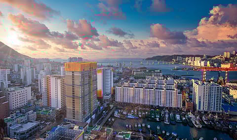 Busan city at sunset on Busan, South Korea.