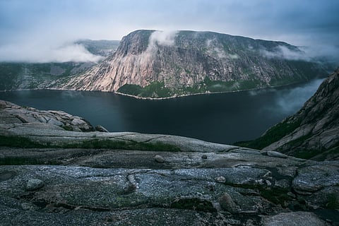 The Blow Me Down Wall, a huge granite cliff located in a remote fjord on the southwest coast of Newfoundland, Canada.