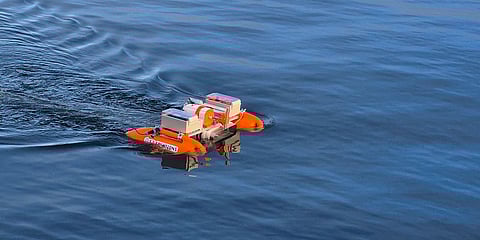 The first trial run of the USV Pamela, mounted with an eDNA sampler.